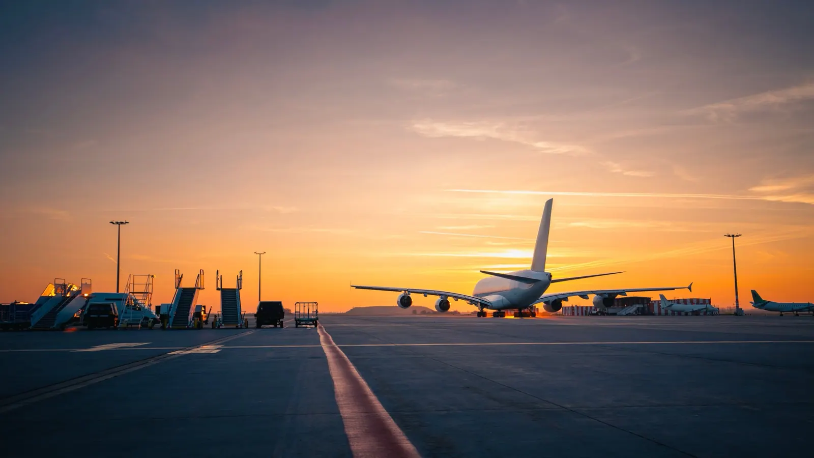 Widebody aircraft on the apron at dawn with ground handling in position